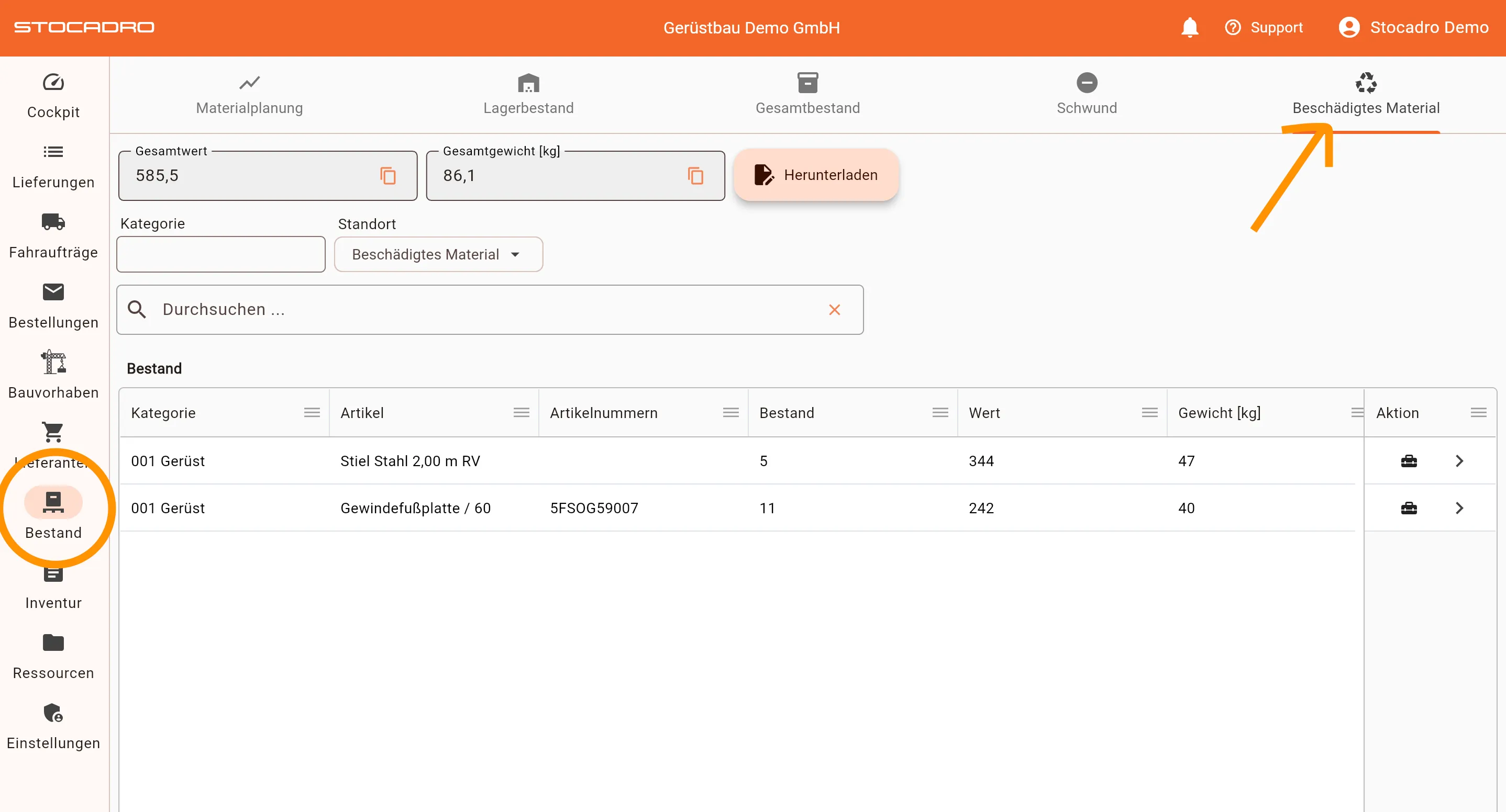 Damaged Material Inventory View