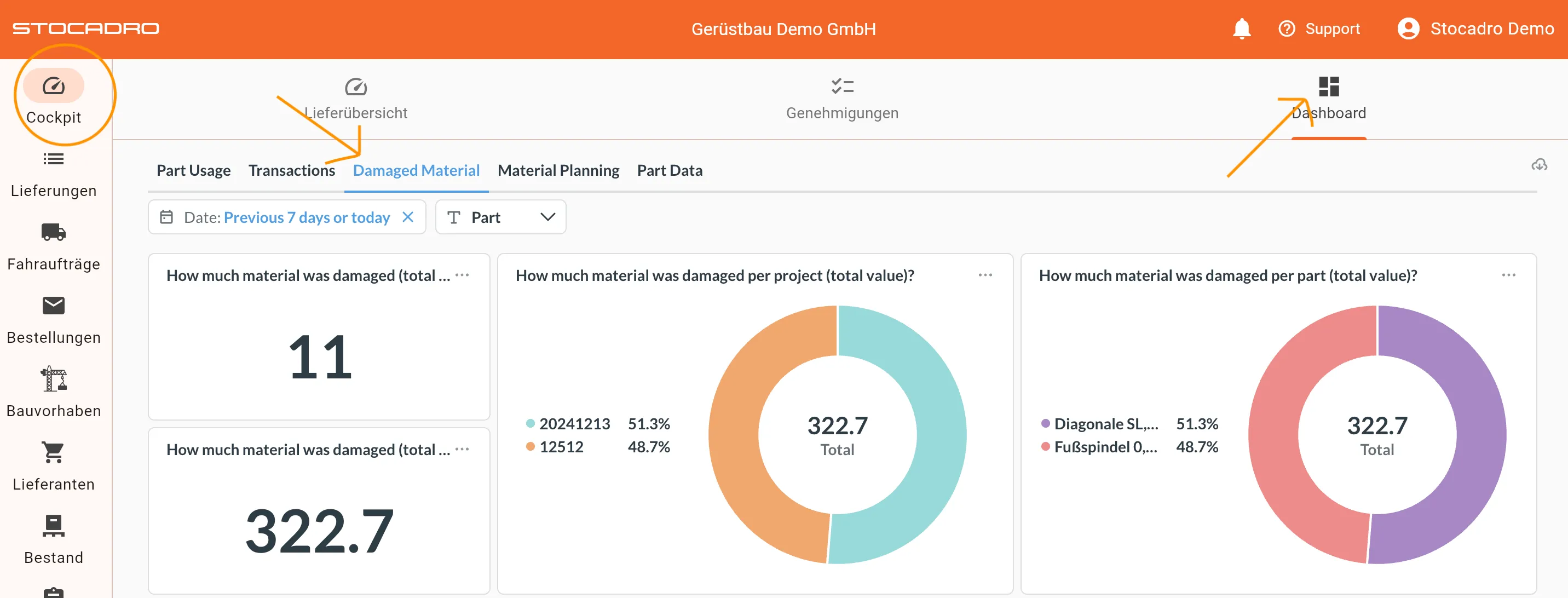 Dashboard Damaged Material View