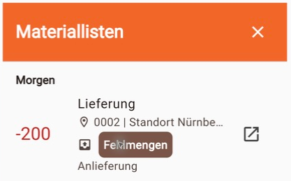 Seitlicher Bereich Materiallisten mit Menge, Status und Listentyp