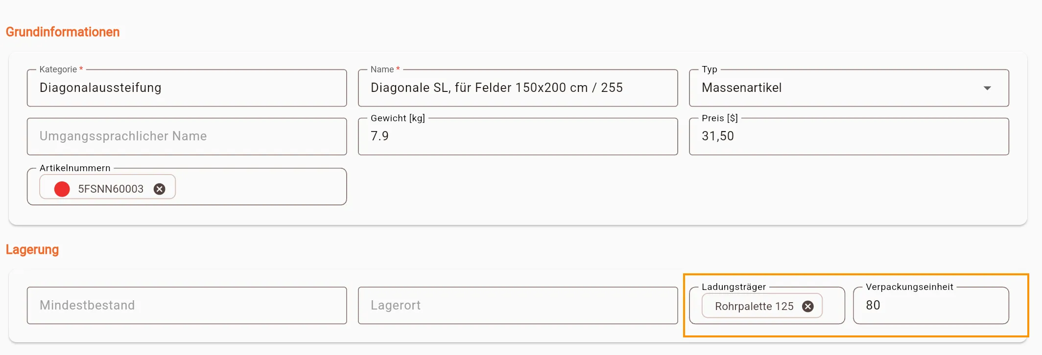 Beispiel einer gepflegten Verpackungseinheit am Artikel