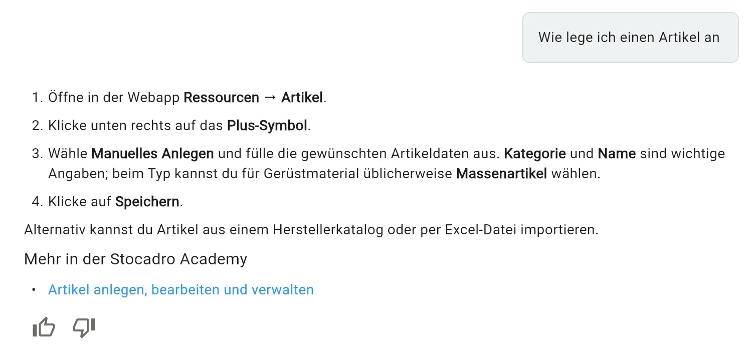 Scaffy beantwortet die Frage Wie lege ich einen Artikel an mit Schritten, einem Academy-Link und den Symbolen Daumen hoch und Daumen runter