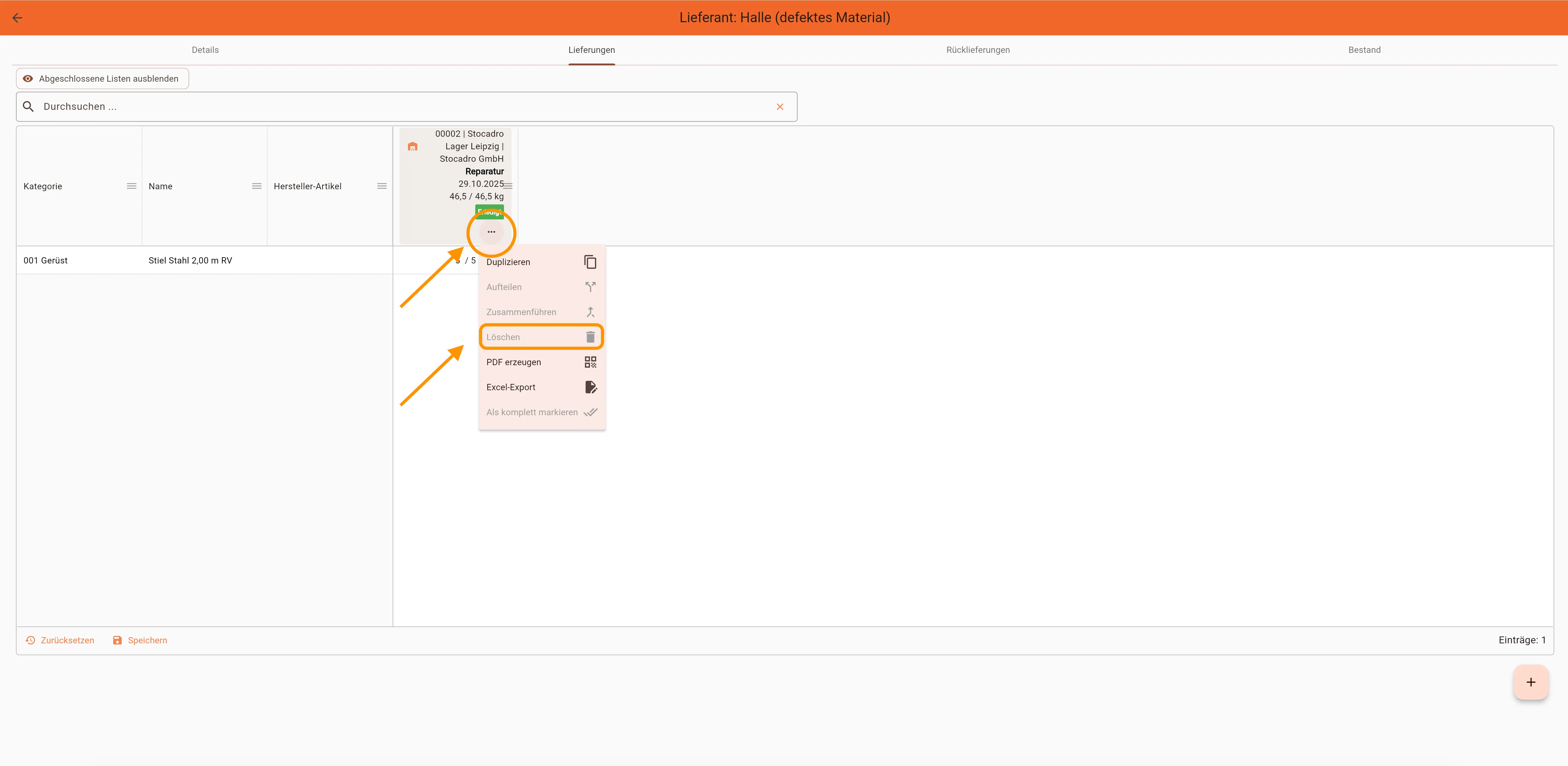 Lieferantenbestellung löschen