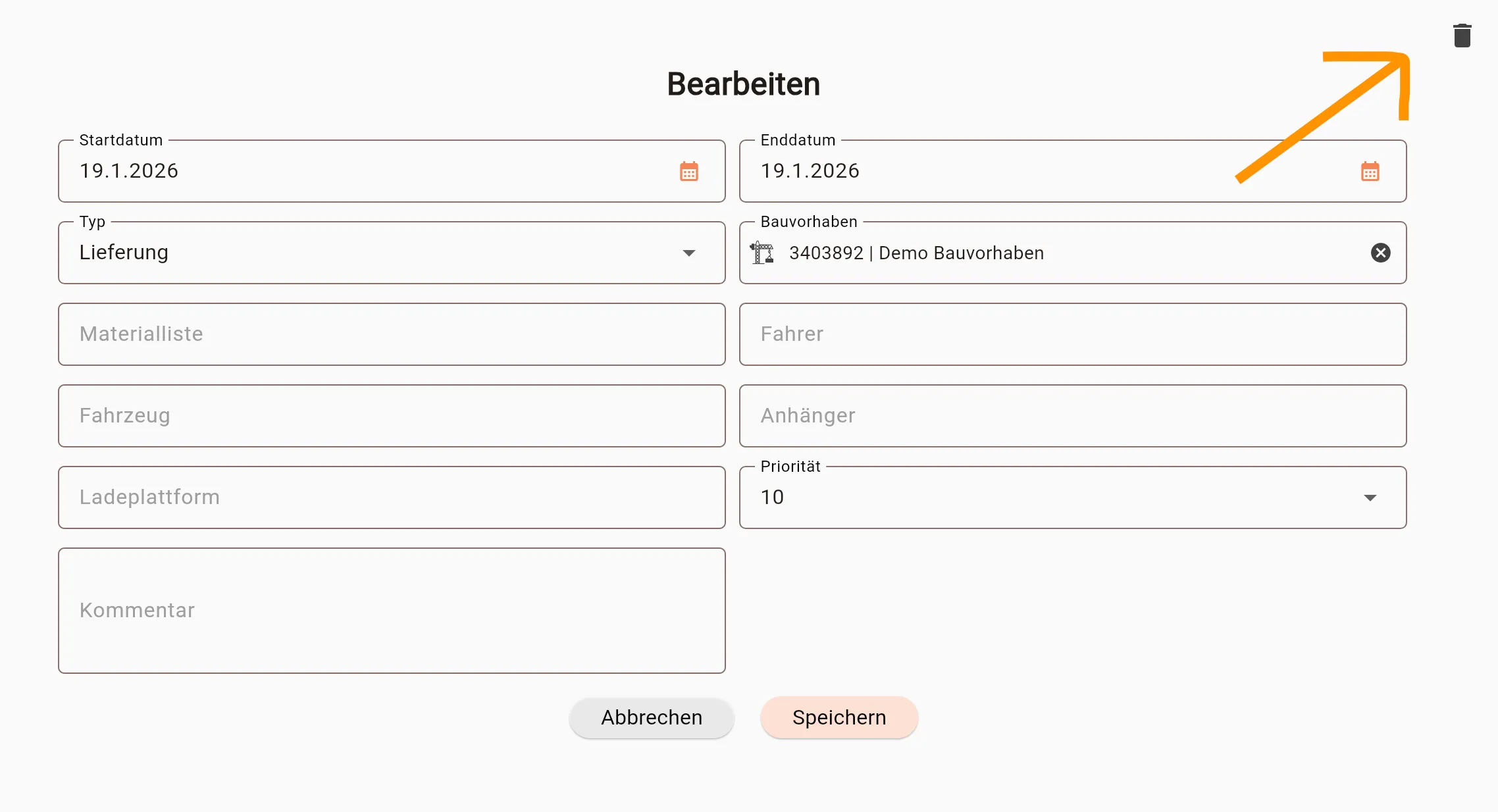 Fahrauftrag löschen